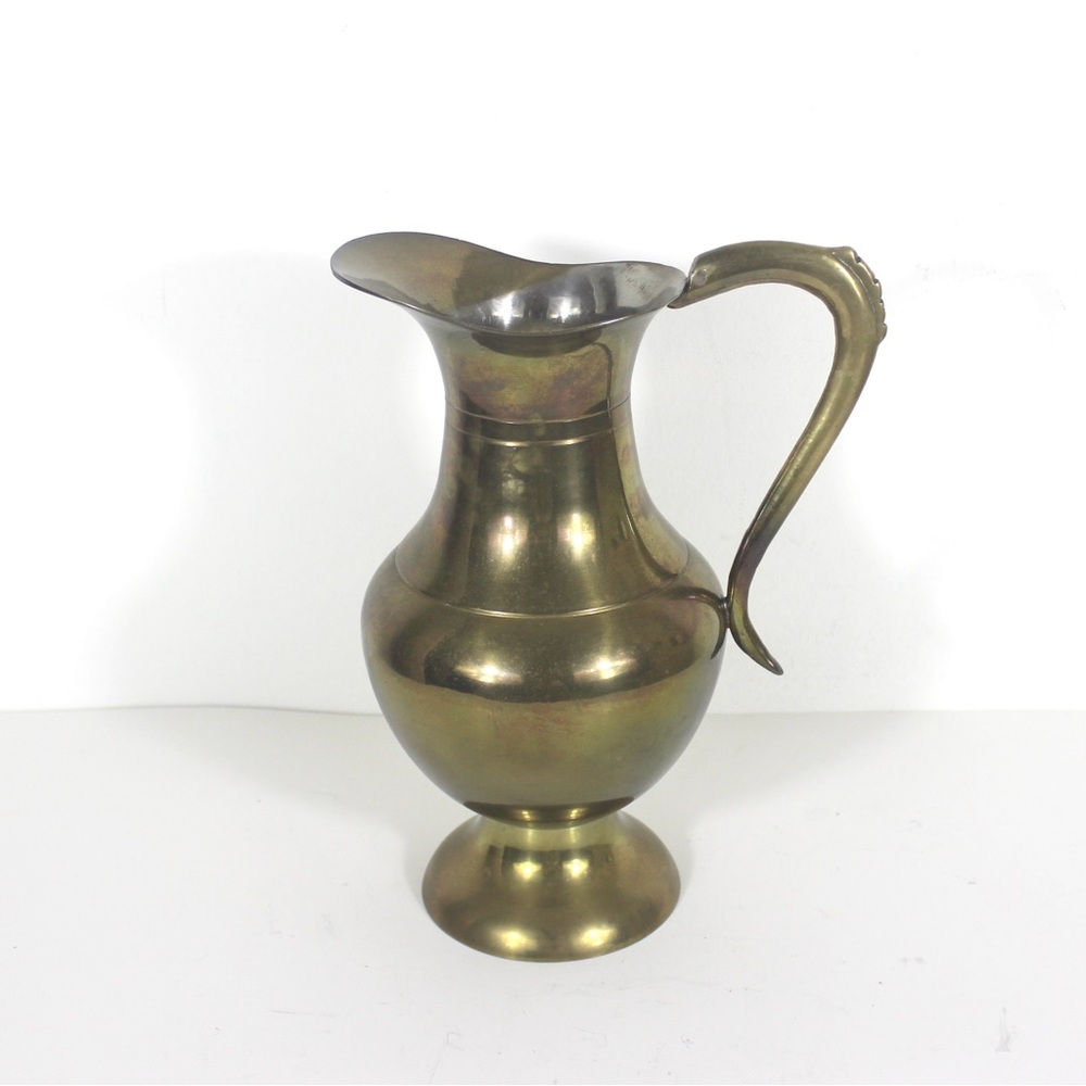 Large Vintage Brass Water Pitcher with Handle, Vase or Jug, Shelf Styling Decor